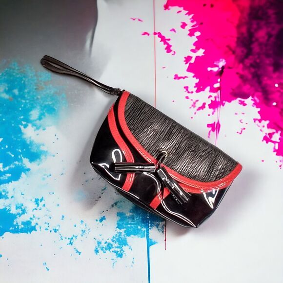 Elizabeth Arden Patent Leather Black Cosmetic Bag Purse w Mirror Red Trim - Picture 1 of 12